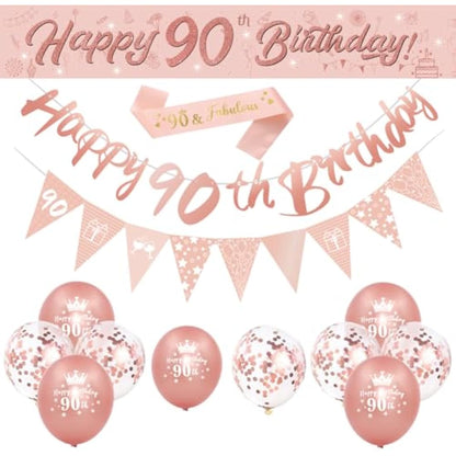 DEARLIVES 14 Pieces 90th Happy Birthday Decorations,Rose Gold 90th Birthday Party Supplies Including Happy 90th Birthday Banners Birthday Straps Triangle Flag Bunting Confetti Latex Balloons