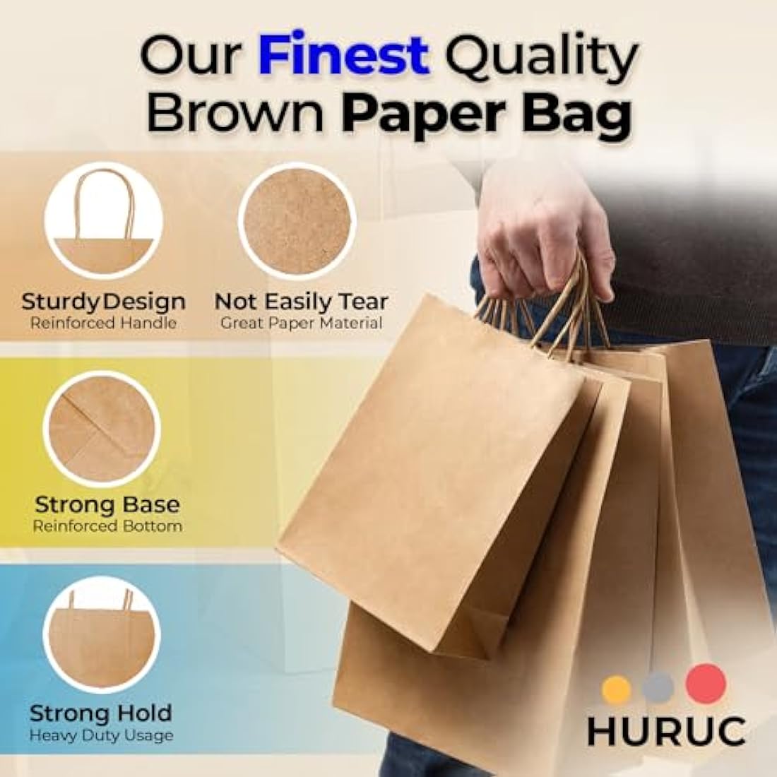 HURUC 30 Pcs Brown Paper Bags With Handles,130GSM, Small Paper Gift Bags, Eco-Friendly Kraft Shopping Carrier, Christmas, Easter, Birthday Parties & Merchandise Retail 18x24x8cm