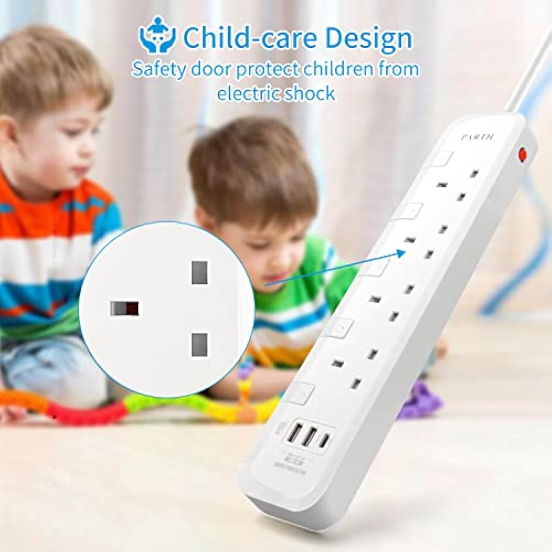 PARTH Extension Lead 5M Surge Protected Extension Cord with USB Slots,5 metre Extension Cable,4 Way UK Switched Plug Extension Socket,Heavy Duty Surge Protector Wall Mounted Extra Long Power Strip