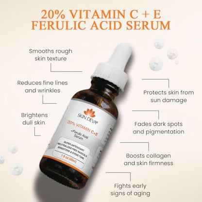 SKIN DEVA 20% Vitamin C and E with Ferulic acid, for acne scars,hyperpigmentation and anti aging 30ML