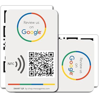 Reusable Review Tap Card for Google Reviews and Menu or Website- 2-Cards Pack - QR & Tap NFC Review + QR INFO Card - Review Us on Google Tap Card - iPhone & Android - Set Up at Home | by MESSAGENES