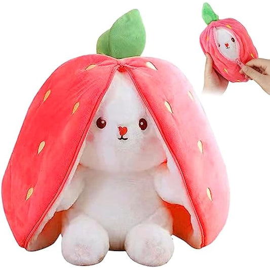 TOGETDREAM Easter Plush Bunny Toy, Soft Plush Toy 25cm Carrot Strawberry Plushies Doll, Cute Cuddly Stuffed Animals Hide And Seek Rabbit Muppet Toys Birthday Gifts for 12+ Years Old Kids (pink)