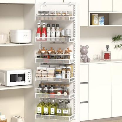 TOPWE Over Door Storage, 6-Tier Adjustable Pantry Door Organizer Shelves with Hook for Each Layer, Back Door Metal Hanging Spice Rack for Kitchen