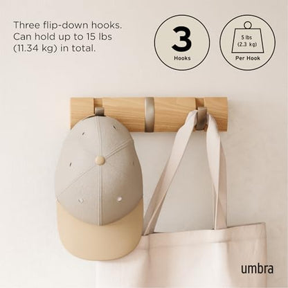 Umbra Flip 3-Hook Wall Mounted Coat Rack, Modern, Sleek, Space-Saving Coat Hanger with 3 Retractable Hooks to Hang Coats, Scarfs, Purses and More, Natural