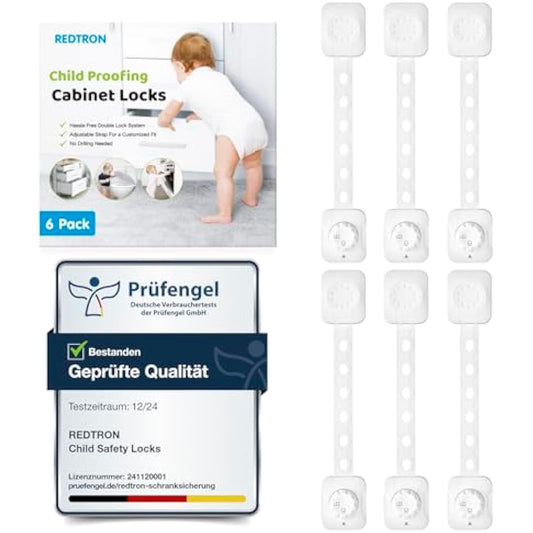 REDTRON Adjustable Cupboard Locks for Children, 6 Pack Baby Safety Drawer Latch, Child Locks for Cabinets, Drawer, Closet, Fridge, Refrigerator, Trash, with Upgraded Adhesive Double Lock System(White)