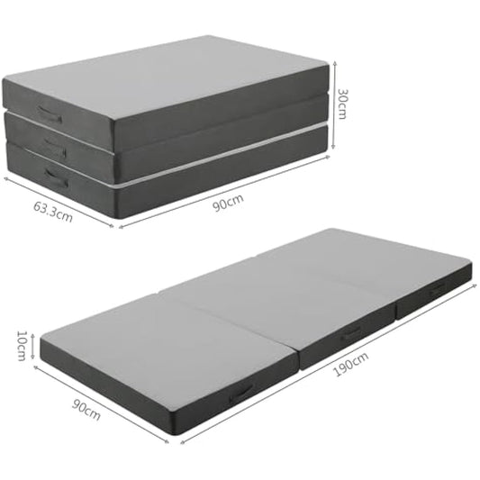MeMoreCool Tri Fold Mattress 190x90cm, Single, 10cm Thick Foam Foldable Futon Mattress with Washable Cover, Portable Floor Guest Sleeping Mat for Travel, Camping, Grey