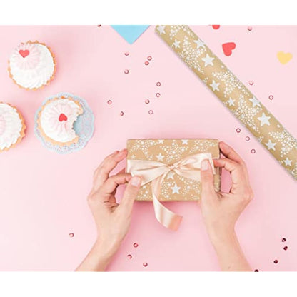 43cm*15m Gift Wrapping Paper Roll with White Star,Topeedy Recycle Kraft Wrapping Paper for Birthday Women's Day