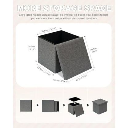 Bonlife Grey Ottoman Coffee Table,Toy Storage Box with Lid,Foldable Stool Seat Footstool with Storage,for Living Room,Bedroom,40.5x38.5x38cm