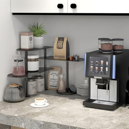STWWO Kitchen Countertop Organizer,3 Tier Adjustable Corner Shelf Metal Spice Rack Freestanding Desktop Storage Rack for Kitchen Coffee Bar Bathroom Counter Plant, Black