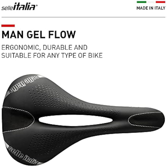 Selle Italia - Man Gel Flow Road Bike Saddle, Rail Manganese Tube Ø7, Road Saddle Gran Turismo Fiber-tek Comfort Gel, Shock Absorber