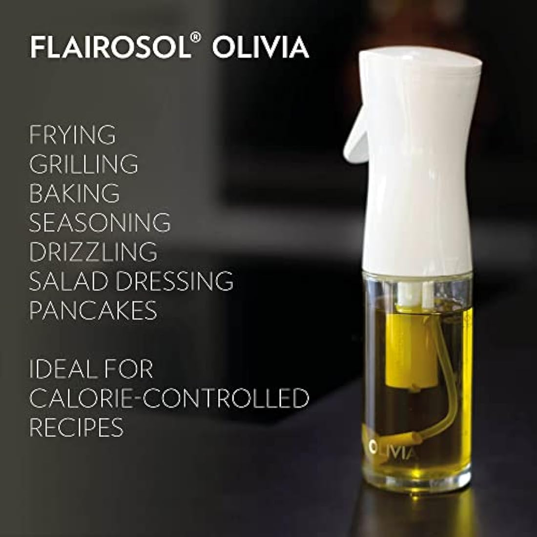 FLAIROSOL OLIVIA. The Original Advanced Oil Sprayer for Cooking, Salads, BBQs and More, Continuous Spray with Portion Control, Trusted by Chefs. Patented Technology (Glass Bottle) (Gold Print)