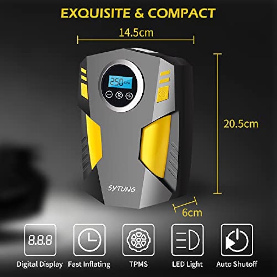 SYTUNG Digital Tyre Inflator, Portable Air Compressor Car Tyre Pump with 3 Nozzle Adaptors and Digital LED Light, 12V Rapid Tyre Inflator Air Compressor for Car Tires and Other Inflatables