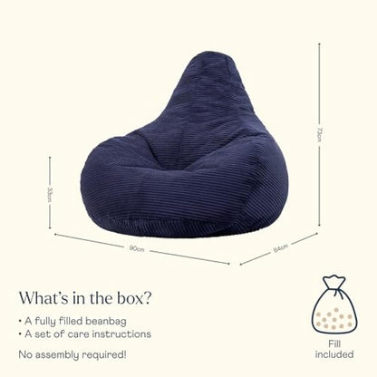 icon Dalton Cord Recliner Bean Bag, Navy Blue, Large Adult Bean Bag Chair with Filling Included, Comfy Chair, Living Room Furniture, Bedroom Furniture