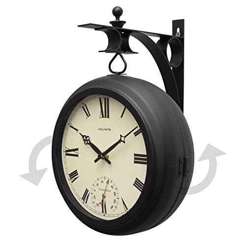 AcuRite Double-Sided Clock with Thermometer for Patio, Metal, Black