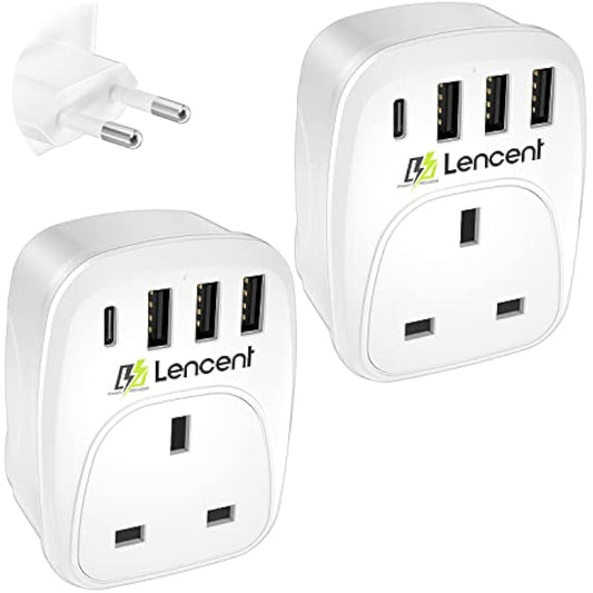 LENCENT 2 Packs UK to EU Euro Europe Plug Adapter, European Travel Adapter with 3 USB Ports and 1 USB C Port for Italy Switzerland Germany Spain France Portugal Greece Netherlands and more (Type C)
