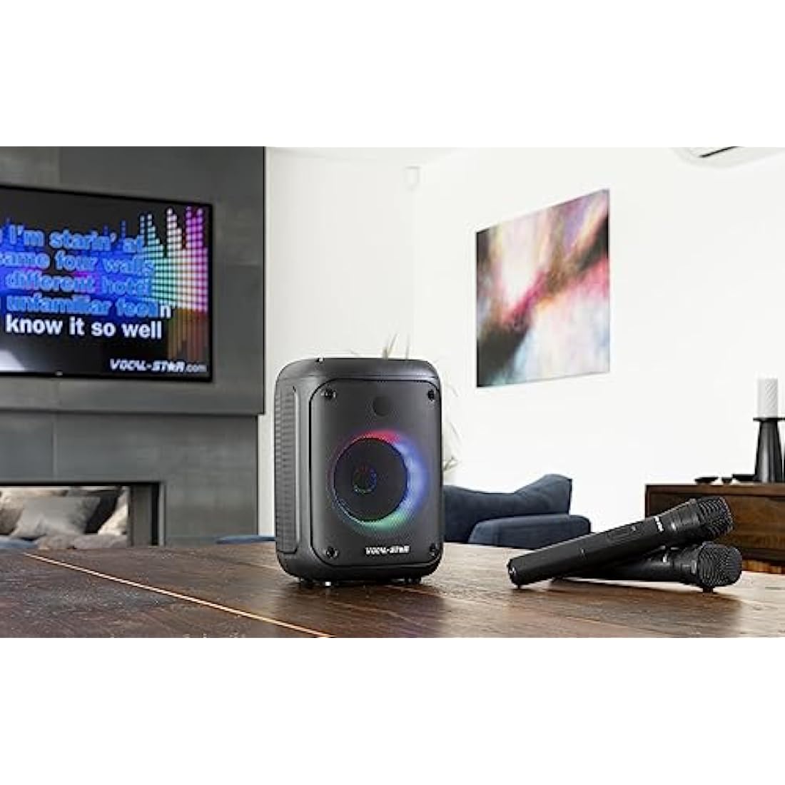 Vocal-Star VS-275 Karaoke Machine with 2 Wireless Microphones, Portable Bluetooth Speaker with phone holder, 80w Speaker, Light Effects, Records Singing, TWS, AUX, Rechargeable