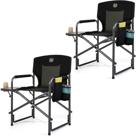 TIMBER RIDGE Camping Chairs for Adults 180kg Heavy Duty, Set of 2 Oversize Directors Chairs Folding, Aluminum Outdoor Chair with Side Table, Portable for Garden Fishing Festival BBQs
