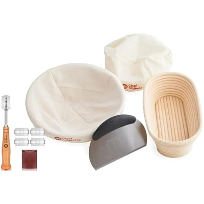 Sourdough Bread Starter Kit – 9" Round & 10" Oval Banneton Proofing Baskets with Bread Lame, Dough Scraper, Linen Liners – Artisan Baking Tools for Homemade Crusty Loaves