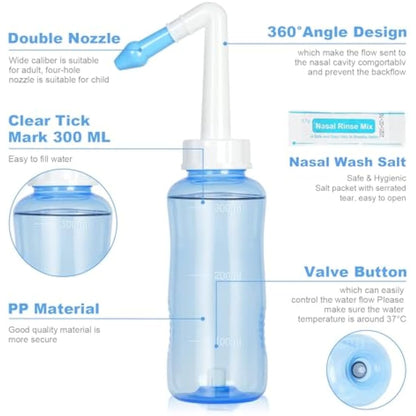 URAQT Neti Pot, Nasal Rinse Kit Nose Wash Cleaner, 300ml Sinus Rinse Bottle with 40 Nasal Wash Salt Packets, Pressure Rinse Nasal Irrigation for Adult and Kid BPA Free