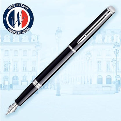 Waterman Hémisphère Fountain Pen | Gloss Black with Chrome Trim | Medium Nib | Blue Ink | Gift Box