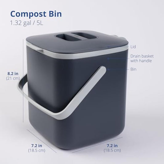 BLUE GINKGO Kitchen Compost Bin [5L] – Filter-Free, Odor-Tight Countertop Food Waste Pail with Handles (Made in Korea, Grey)
