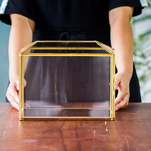 NCYP Glass Card Box with Slot and Lock for Wedding, Party Reception, Donation, Keepsake - Small 26x15x20.3 CM - Geometric Decorative, Gold, Handmade