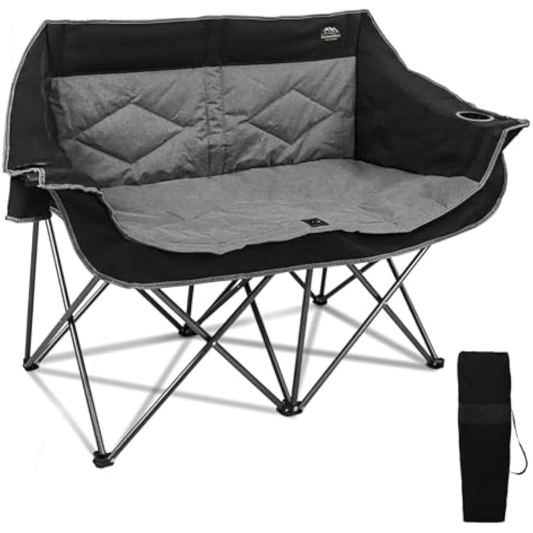 LANMOUNTAIN Folding Loveseat Camping Chair, Portable Double Chair w/Cup Holder,Wine Glass Holder,Carry Bag Heavy Duty Lawn Chair for 2 Adults,Perfect for Camp,Hiking,Picnics and Beach Trips,Black