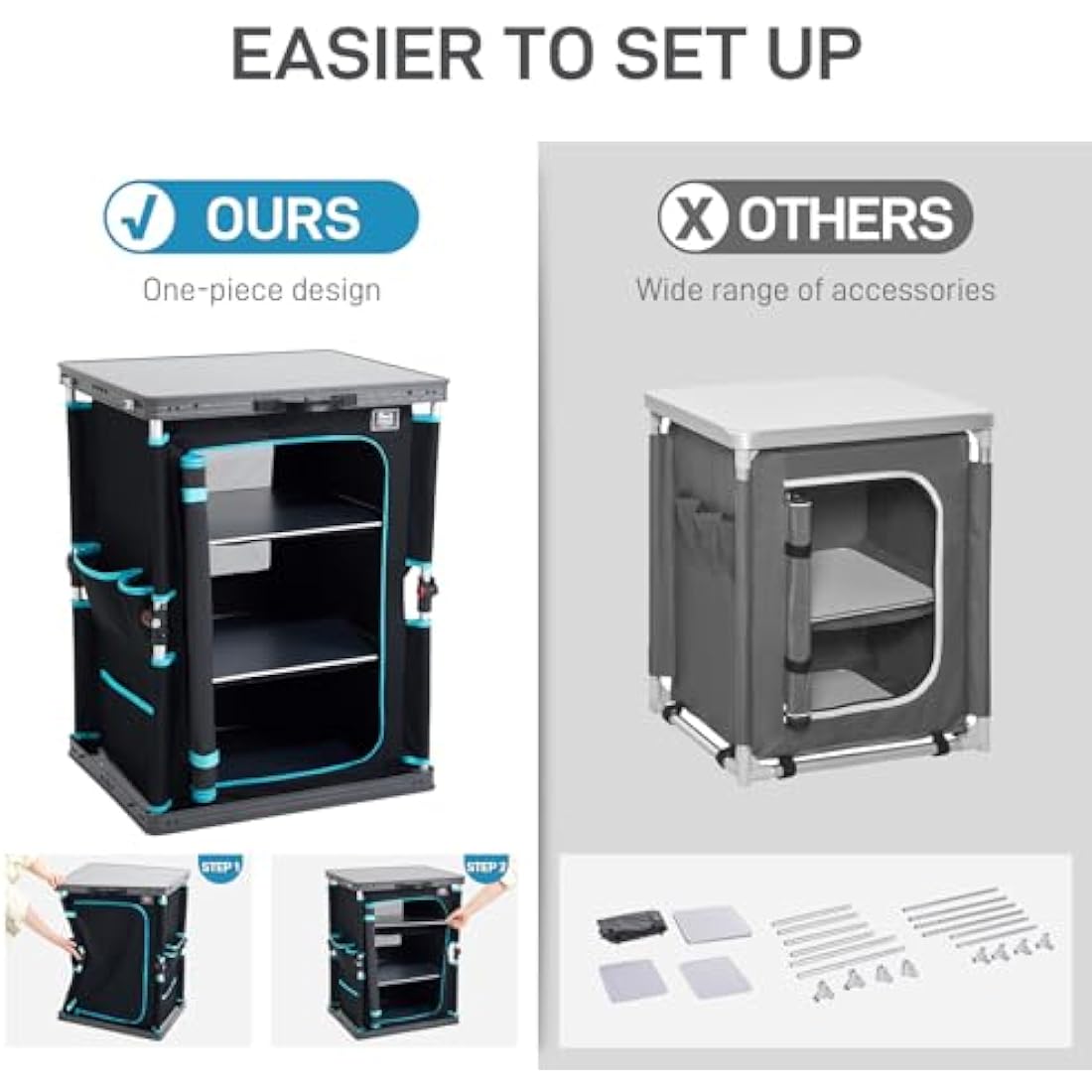 TIMBER RIDGE Compact Camping Storage, Pop Up Folding Camping Kitchen Unit, Camping Furniture Camping Cupboards Cabinet Outdoor 3 Shelf Aluminum Frame Portable for Garden Party Picnic, Supports 30kg