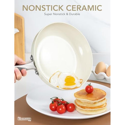 MICHELANGELO 20cm Ceramic Frying Pan, Non Stick Ceramic-Coated, Small Pan with Lid, Non Toxic, Oven Safe,Induction Compatible, Cream White