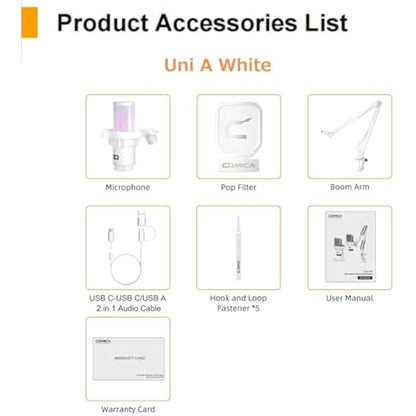 comica EJoy Uni A USB Microphone for Computer and Smartphone,RGB Cardioid Condenser Gaming Mic for Podcasting,Streaming,Recording,Music Creation,with Boom Arm Stand-White