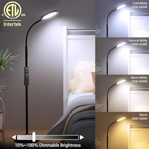 Keepsmile Floor Lamp,Super Bright Dimmable LED Lamps for Living Room, Custom Color Temperature Standing Lamp with Remote Push Button, Adjustable Gooseneck Reading Floor Lamp for Bedroom Office Black