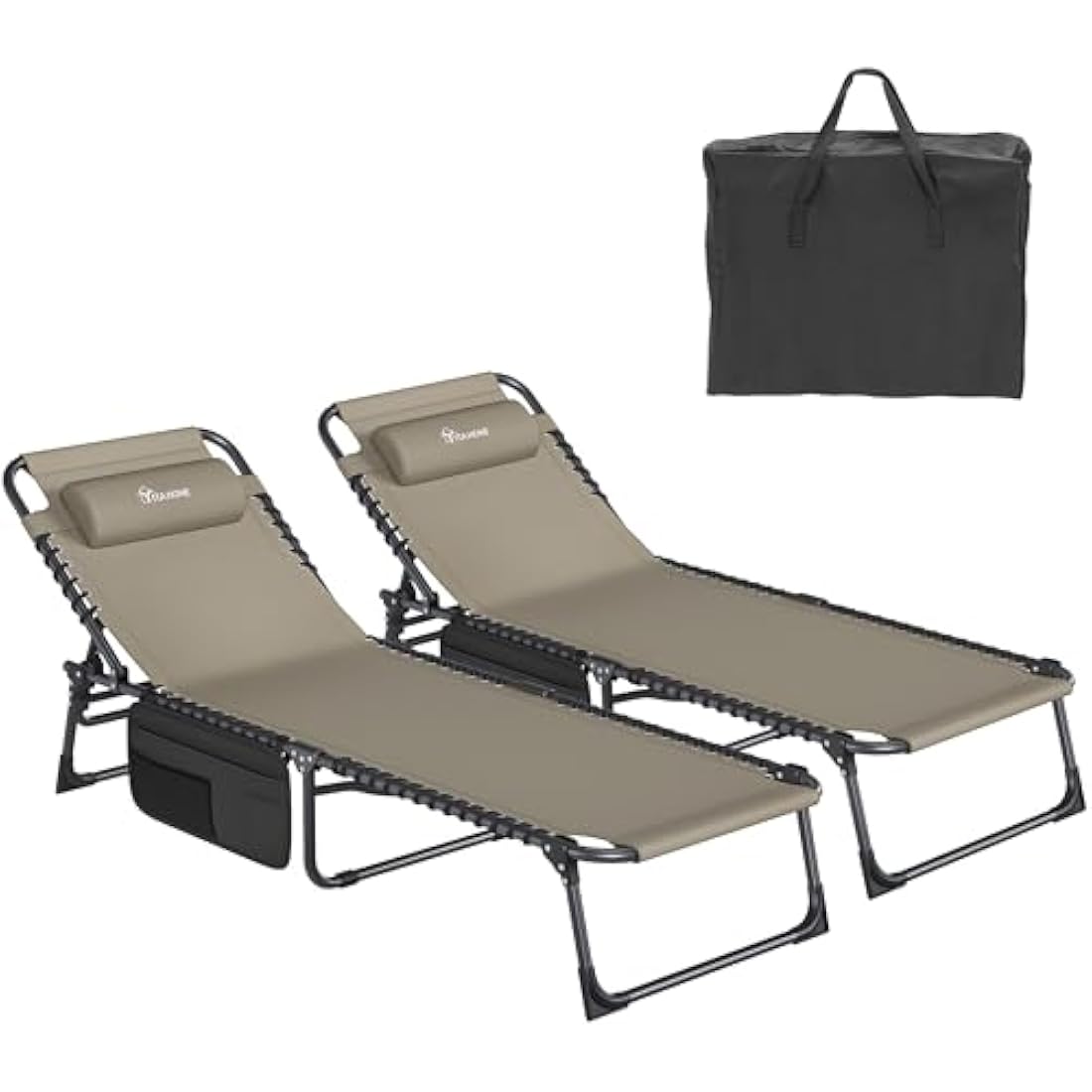 YITAHOME Reclining Sun Lounger Set of 2, Folding Sun Bed 4 Position Adjustable, 190x60x31 cm Sunloungers with Removable Headrest & Side Pocket Load capacity 300lbs for Garden, Beach, Camping, Khaki
