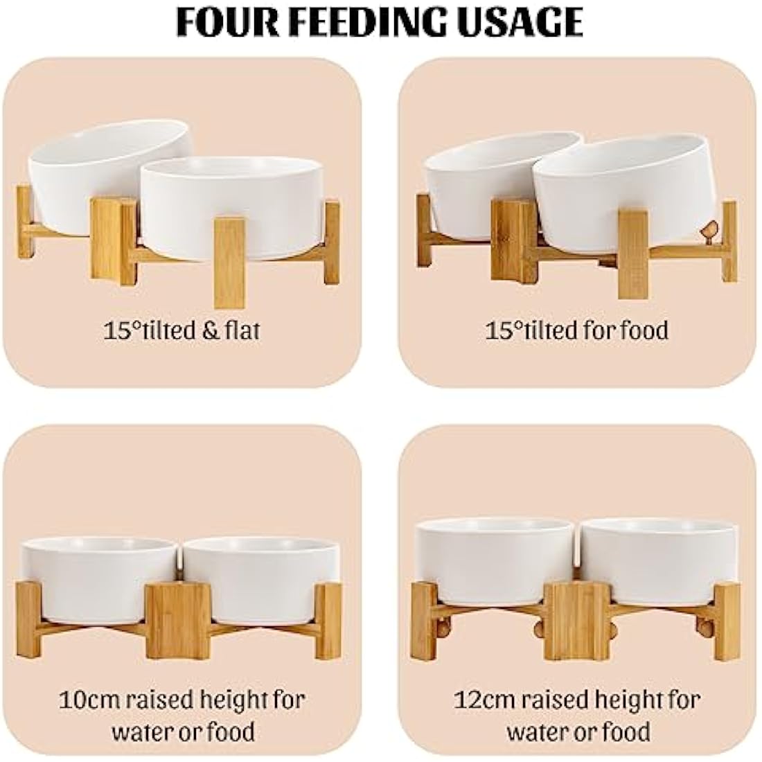 SPUNKYJUNKY 15° Slanted Ceramic Dog and Cat Bowl with Wooden Stand, Tilted Bulldog Food and Water Bowl No Slip Non-Spill for Cats Medium Dogs Flat Face Pets (850ml, White × 2)
