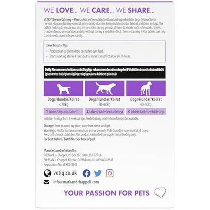 VETIQ Serene Calming Plus+ Tablets For Large Dogs, Helps to Reduce Anxiety in All Scenarios Short & Long Term , 60 Tablets