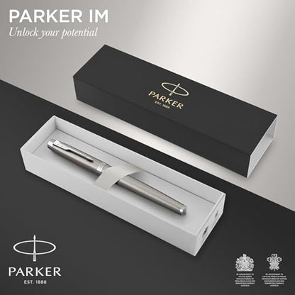 PARKER IM Fountain Pen | Stainless Steel with Chrome Trim | Fine Point with Blue Ink Cartridge | Gift Box