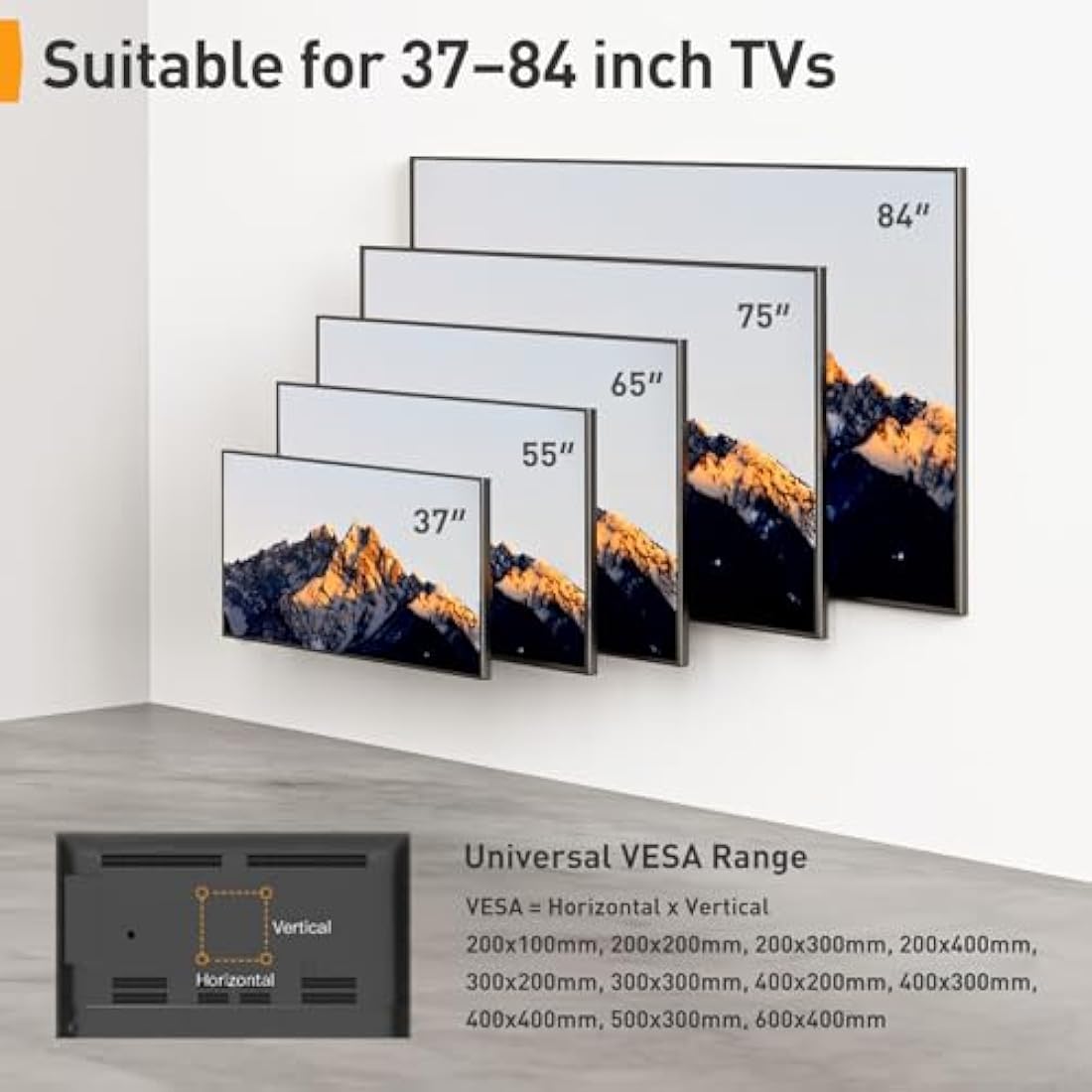 Perlegear TV Wall Bracket for 37-84 Inch Flat/Curved TVs up to 60kg, Swivel Tilt TV Bracket Max.VESA 600x400mm, Full Motion Wall Mount with Dual Arm