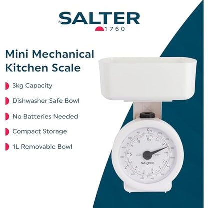 Salter 112 WHWHDR Mechanical Kitchen Scale – Mini Analogue Food Scale, 3kg Capacity, Includes 1L Dishwasher Safe Detachable Bowl, No Batteries, Scale Fits Inside Bowl For Compact Storage, 24 x 18cm
