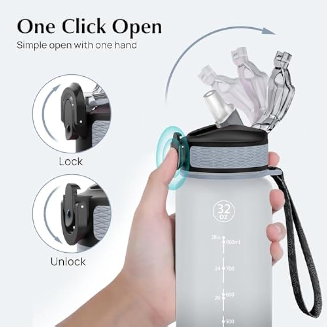 NAVTUE Water Bottle, 1L Sports Water Bottle with Straw, Time Markings, Leak Proof, Tritan BPA free for School, Cycling, Running (1 Bottle)