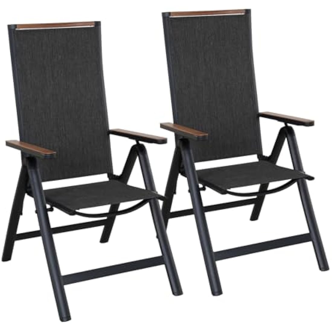 Grand patio folding chair, Aluminium garden chairs set of 2 with Armrest & Mesh breathable Seat, Adjustable 6 Position High Backrest, foldable dining chair for Outdoor, Garden, Dining room (Black)