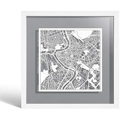 O3 DESIGN STUDIO Rome Paper Cut Map framed, White map, White frame, 9x9 inches, Gift Boxed, 4 background color, self-changing, Paper Art