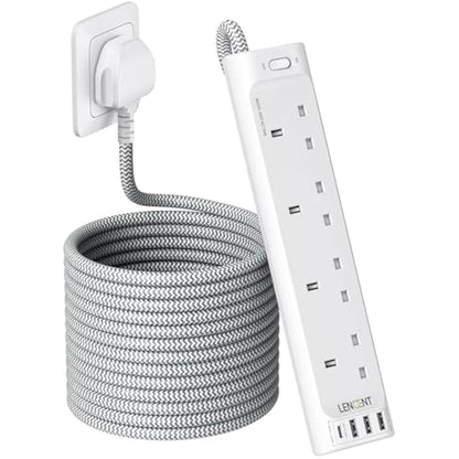 LENCENT 5M Extension Lead with USB Slots, 4 Way Outlets Power Strip with 4 USB Ports, Multi Power Plug Extension with 5M Braided Extension Cord for Home Office, 3250W 13A