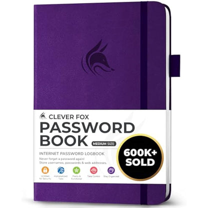 Clever Fox Password Book with alphabetical tabs. Internet Address Organizer Logbook. Medium Password Keeper for Website Logins (Purple)