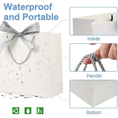 Gift Bags White with Silver Bow Ribbon,Luxury Present Bags for Birthday,Weddings,Party,Bridesmaid,Bridal Shower,12.6x9.8x3.9inches,(White,8 Pack)