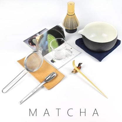 Artcome Bluestone Glaze Matcha Kit - Bowl with Pouring Spout, Whisk, Tea Scoop, Powder Strainer, Set for Usucha, Koicha and Latte (10 PCS)