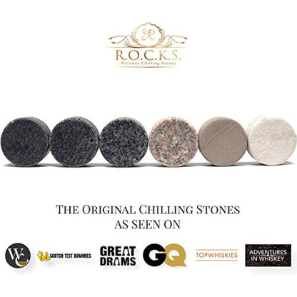 Whiskey Chilling Stones Gift Set - 6 Handcrafted Premium Granite Round Sipping Rocks - 2 Crystal Glass Tumblers - Hardwood Presentation & Storage Tray - Elegant Gold Foil Gift Box by R.O.C.K.S.