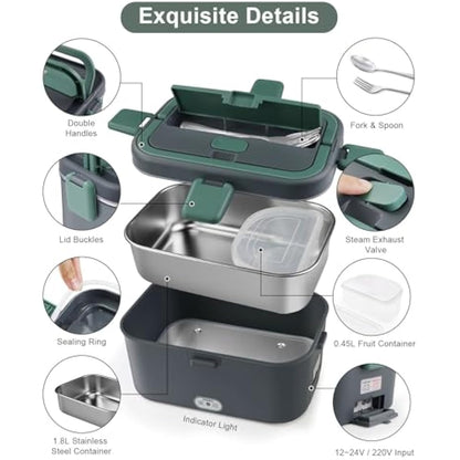 AUTOPkio Electric Lunch Box 1.8L 80W, 12V/24V/220V Upgraded Large Heated Lunchbox Heating Food Warmer with Carry Bag Fork Spoon for Car Truck Office