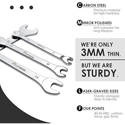 Pronese 10 Pack Super-Thin Open End Wrench Set,Carbon Steel with Mirror Polish,Metric,Including 6~27mm, Placed in A Rolling Pouch