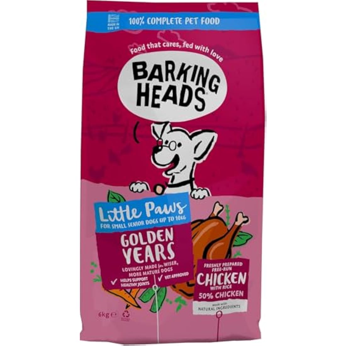 Barking Heads Complete Dry Dog Food 6kg - Senior Little Paws (Small Breed) Golden Years Chicken - Natural Senior Recipe with Joint Support - Vet Approved