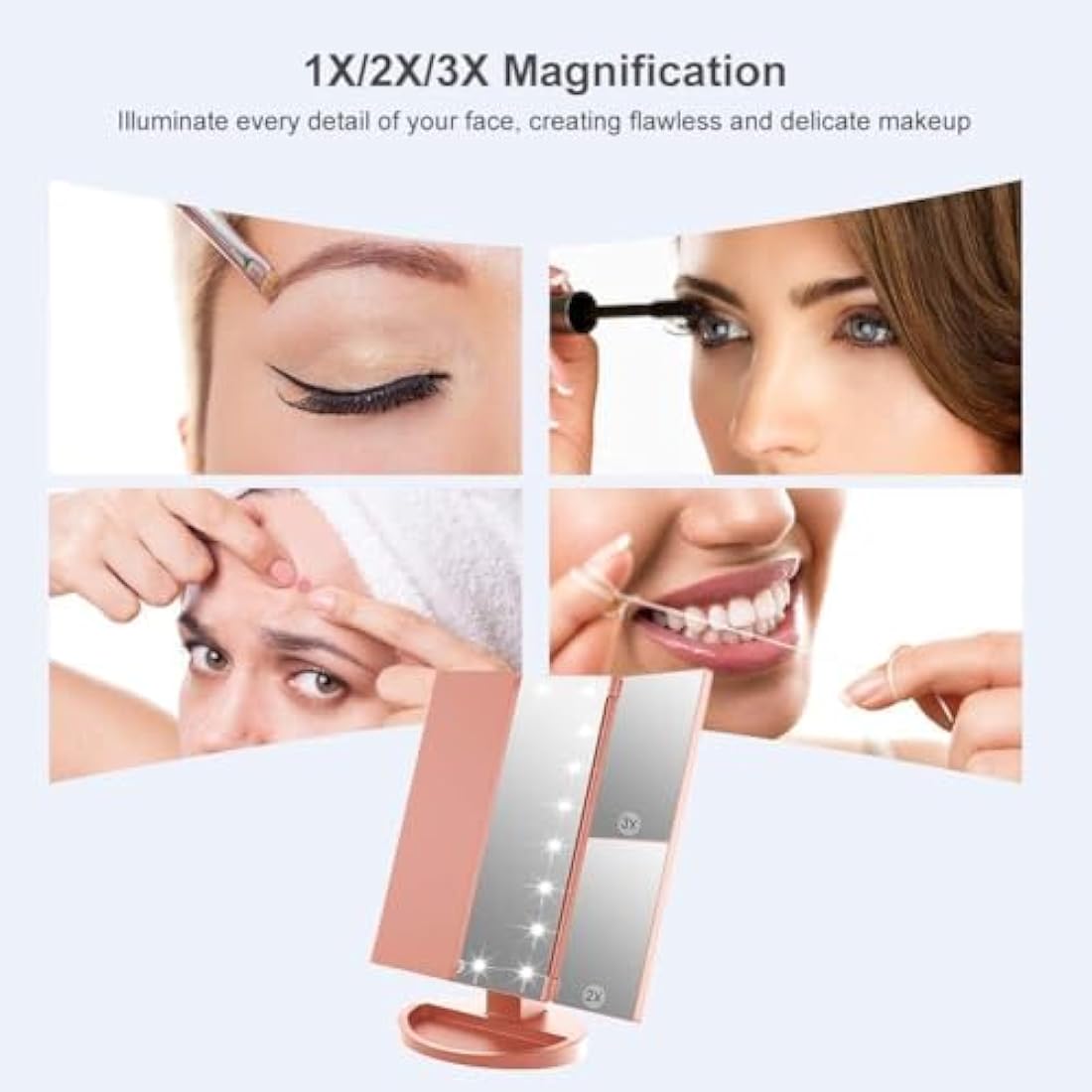 WEILY Tri-fold Vanity Mirror, 21 LEDs and 2X/3X Magnification, Touch Switch for Adjusting Brightness, Dual Power Supply mode Makeup Mirror (Rose Gold)