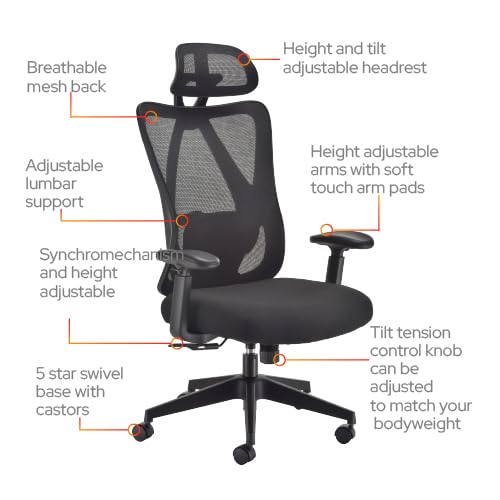 Office Hippo Ergonomic Mesh Office Desk Chair, Adjustable Arms, Swivel Chair with 2D Adjustable Lumbar Support, Headrest & Tension Control
